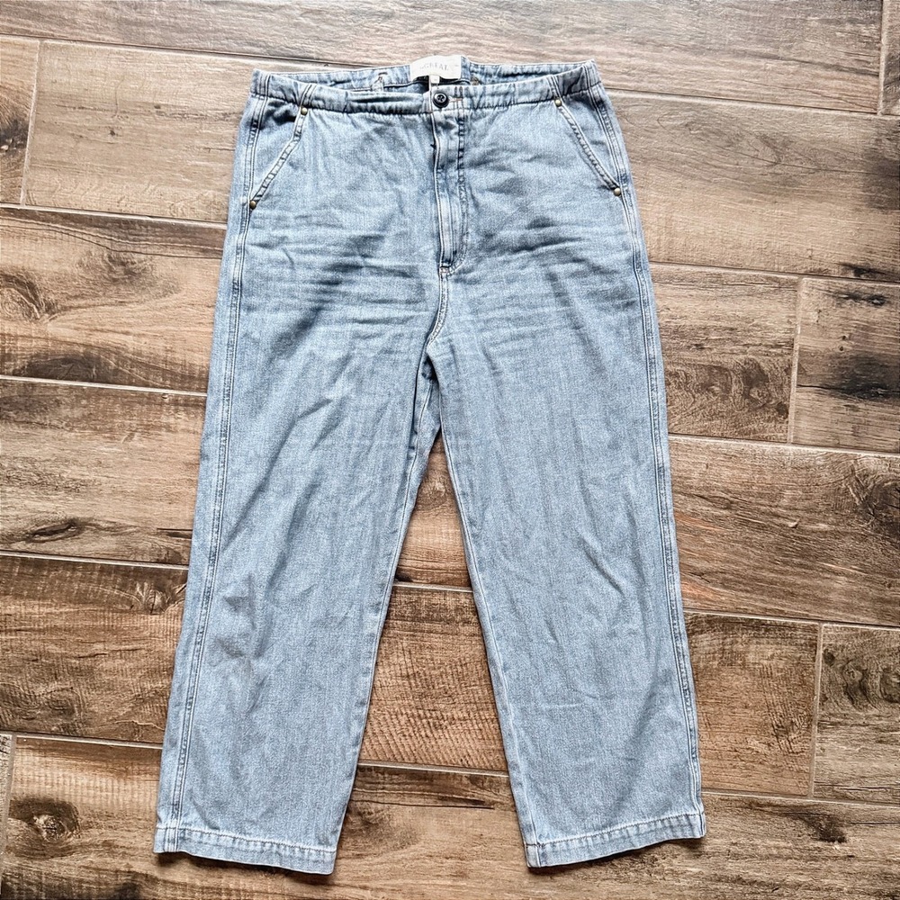 The GREAT. Womens Stripe Cinch Back Wide Leg Crop Denim Trousers, Light Wash, 30